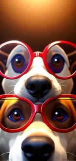 Adorable dogs wearing red glasses in stylish mobile wallpaper.