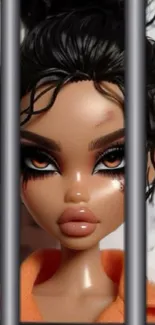 Stylish doll behind bars in a vibrant and unique wallpaper design.