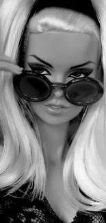 Black and white wallpaper of a stylish doll in sunglasses.