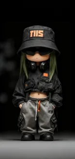 Stylish cartoon doll in urban streetwear outfit.