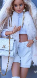 Chic doll in white attire with stylish accessory.