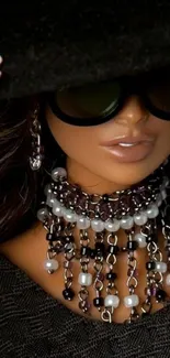 Fashionable doll with jewelry and sunglasses, in black outfit.