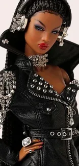 Fashionable doll in black studded leather jacket and jewelry.