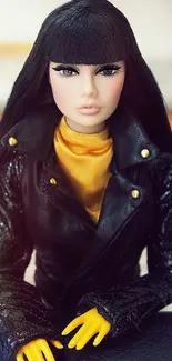 Doll in black leather jacket with yellow top, chic mobile wallpaper.