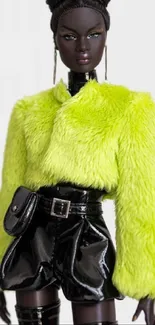 Stylish doll in neon green fur and black leather outfit.