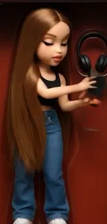 Stylish doll in packaging with headphones and long hair.