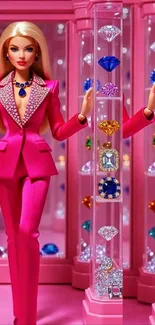 Stylish doll in pink suit with colorful gem backdrop.