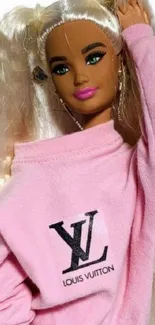 Chic doll in a pink Louis Vuitton sweater.