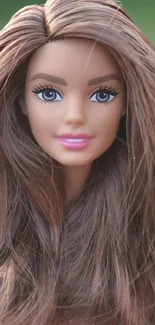 Vibrant doll portrait with brown hair and a green backdrop.