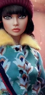 A fashionable doll in winter attire with a teal coat against a snowy background.