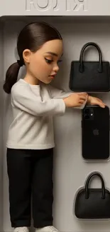 Doll with handbags and phone in case