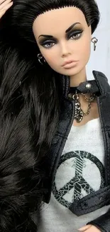 Stylish doll wearing a black leather jacket and peace sign shirt.