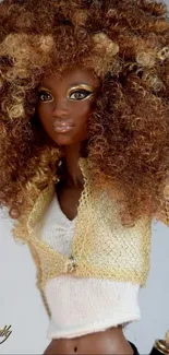 Stylish doll with curly golden hair and chic outfit on a minimal background.