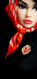 Chic fashion doll in red scarf with elegant style and jewelry.