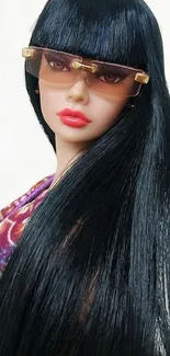 Fashion doll with sleek hair and sunglasses on vibrant backdrop.