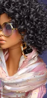Doll with curly hair and sunglasses wearing a colorful scarf and gold earrings.