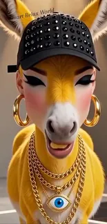 Stylish donkey with jewelry and cap in cartoon style.
