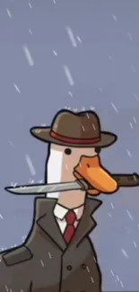 Duck in a suit with knife and hat under rain.