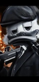 Stylish noir duck with pistols in artful wallpaper.