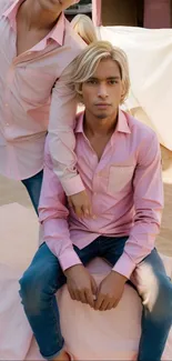 Two individuals in pink shirts sit stylishly, posing in modern fashion.