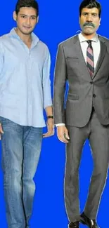 Two stylish men on a vivid blue background.