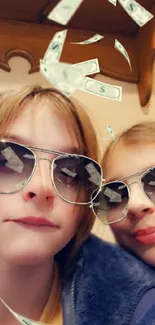 Stylish duo with sunglasses and floating dollars.