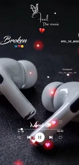 Stylish earbuds on black background with musical elements and hearts.