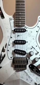 Close-up of a stylish white electric guitar design.