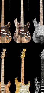 Display of six stylish electric guitars on a black background.