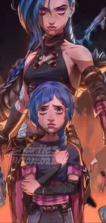 Fantasy character art with blue-haired warriors set against a vibrant background.