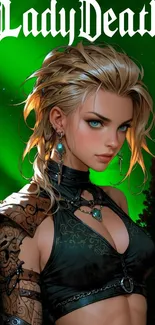 Stylish fantasy warrior woman with green background.