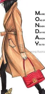 Illustration of a stylish woman in tan coat with red bag.