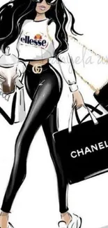 Fashionable illustration of a stylish woman with designer bags.