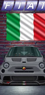 High-resolution Fiat car with Italian flag and brick wall backdrop.