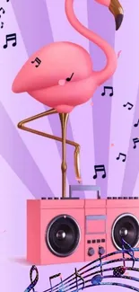 Pink flamingo on a boombox with music notes and pink background.