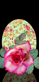 Stylish mobile wallpaper featuring a pink rose and floral pattern on black.