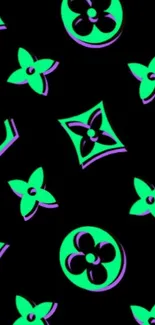 Neon floral pattern on black background wallpaper.