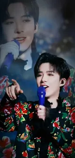 Singer in floral jacket with blue mic on abstract background.