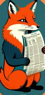 Illustration of a fox holding a newspaper with teal background.