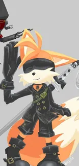 Animated fox character in gray attire with sword.