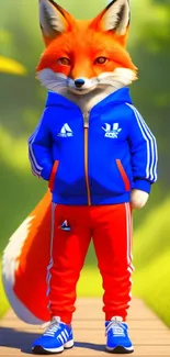 Charming fox in a blue tracksuit stands on a path with lush surroundings.