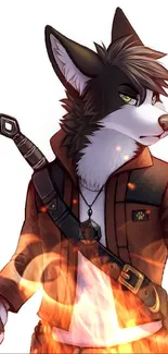 Anthropomorphic fox warrior holding a phone in a stylish outfit.