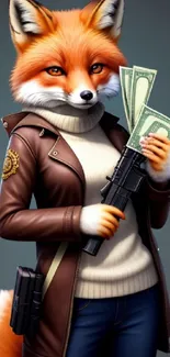 Anthropomorphic fox in leather jacket holding cash