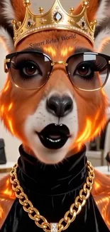 Fox wearing a crown and glasses in a stylish setting.