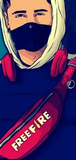 Illustrated Free Fire character in hoodie and mask with red accessories.