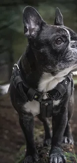 French Bulldog standing in a forest, wearing a harness, looking majestic.