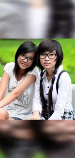 Two friends in a green park, showcasing stylish casual outfits.