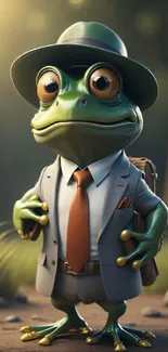 Charming wallpaper of a frog in a suit with hat in a forest setting.