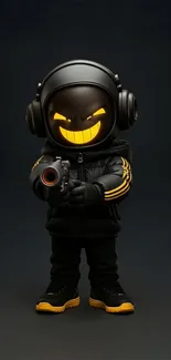 Futuristic character with glowing yellow features in a dark setting.
