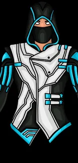 Futuristic hooded warrior design with black, white, and blue colors.